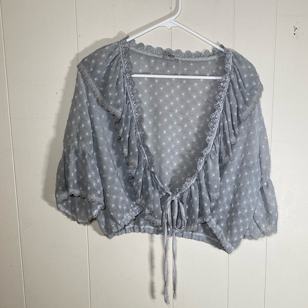 Gray Tie Front cardigan semi sheer Top fairy grunge boho size small ruffle